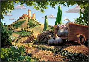  carrito hecho de lasaña, campos de macarrones y nubes de mozzarella. Árboles de pimento y perejil. El pueblecito de queso.